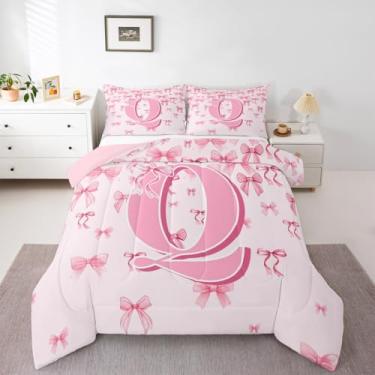 Imagem de jejeloiu Conjunto de edredom com laço rosa, tamanho solteiro, kawaii, para crianças, meninos, meninas, edredom com laço fofo, monograma, decoração de quarto, estilo princesa sonhadora, 2 peças com 1
