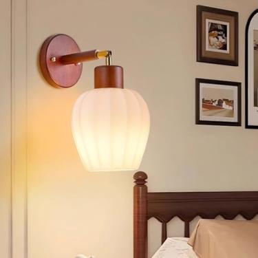 Imagem de E27 Candeeiro de parede de madeira vintage criatividade, luzes de parede com sombra de vidro 180° giratório, arandelas de parede de ângulo ajustável, luz quente para sala de estar, quarto, corredor