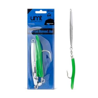 Imagem de UMT A27 85 g Cape Cod Diamond Jig Chrome, Teaser de borracha verde 6/0 Gancho Mustad personalizado – para atum, stripers, bluefish e robalo