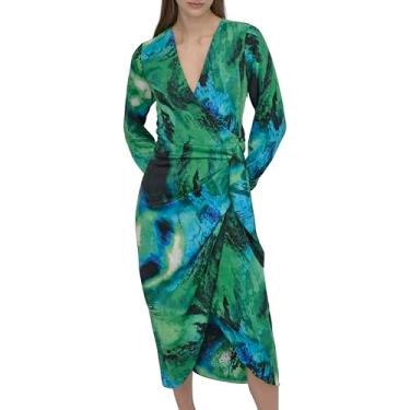 Imagem de DKNY Vestido midi feminino de manga comprida e gola sobrepeliz, Preto/Verde, 40