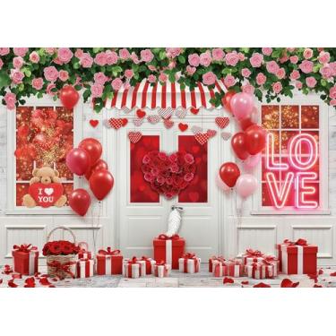 Imagem de DePhoto 2,8 x 1,8 m Feliz Dia dos Namorados, parede, rosa, rosa, rosa, branco, loja, balão vermelho, bonito, urso, fundo, para decoração de festa dos namorados, vinil