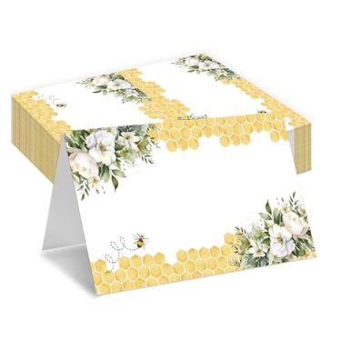Imagem de Cartões de lugar florais, cartões de assento de favo de mel para mesa, pacote com 25 cartões semidobrados, suprimentos de lembrancinhas de festa de aniversário, cartões de nome para festa, chá de bebê