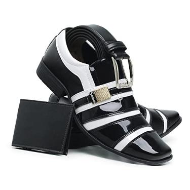 Imagem de Kit Sapato Social Masculino + Carteira e Cinto Verniz Brilho (41, Preto/Branco)