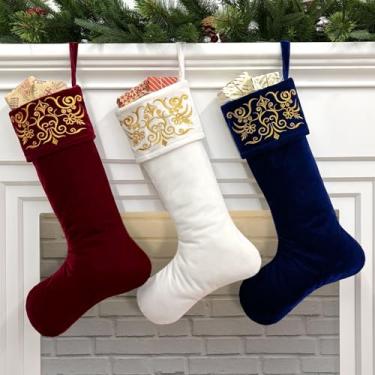 Imagem de Meia de Natal de veludo de 55 cm com bordado de damasco dourado, conjunto de 3 (bordô/marfim/azul royal)