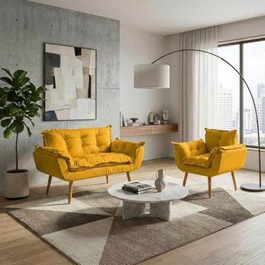 Imagem de Kit Namoradeira Decorativa e Poltrona Para Sala Recepção Manicure Consultório Escritório Alice Tecido Suede (Mostarda)