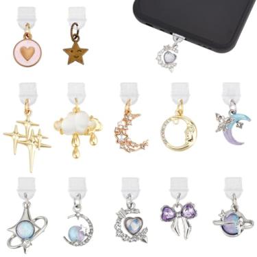 Imagem de PH PandaHall 12 pingentes de pingente de plugue de poeira e lua estrela, compatível com portas de carregamento tipo C, plugues protetores de poeira de telefone, pingentes para decoração de telefones