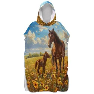 Imagem de Joisal Poncho de surf em aquarela cavalos de girassol para adultos trocador de roupa de praia com capuz toalha de natação leve ponchos femininos com capuz