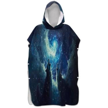 Imagem de Joisal Poncho de surfe absorvente para trocador adulto toalha de banho com capuz lobos fofos lua uivando poncho masculino com capuz