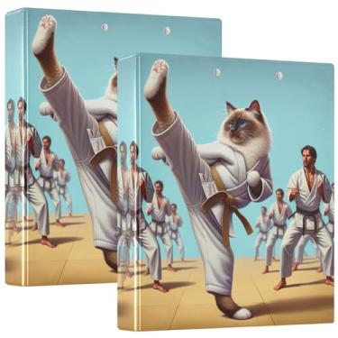 Imagem de Fichários engraçados de 3 anéis de gato de karatê de 3 cm comporta 200 folhas, fichário de caderno fofo, anel redondo, fichário resistente, 31,5 x 27 x 6 cm, pacote com 2
