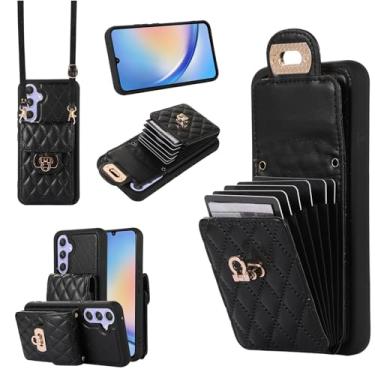 Imagem de Capa carteira para Samsung Galaxy S25 com 6 compartimentos para cartão, trava de metal, suporte, capa protetora antiqueda, alça de pulso ajustável – couro sintético durável e design de TPU (preto)