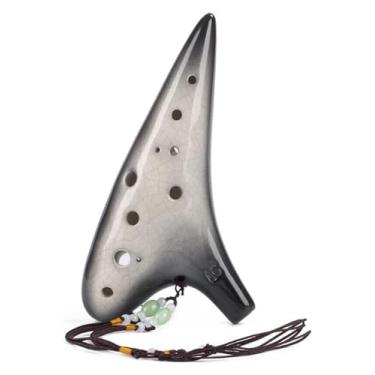 Imagem de WYNSJDBB ocarina 12 furos tom médio Ocarina Ice Crack gradiente preto Ocarina com cordão para adultos brincando profissional Ocarina presente de aniversário adultos crianças iniciantes, cinza