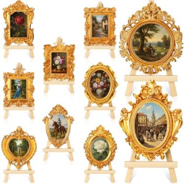 Imagem de Remerry 10 porta-retratos vintage dourado antigo mini moldura pequena exibição de fotos miniatura minúscula resina joias expositor de 10 polegadas suporte de pinho para casamento em casa