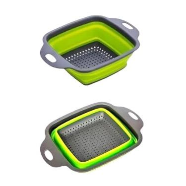 Imagem de Kit 2 Escorredores Retrátil de Silicone Multiuso com Alças, Dobrável para Frutas Massas e Alimentos, 24cm, Cor Aleatória