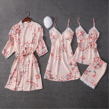 Imagem de Conjunto de 2 peças de roupão de banho sexy estampado de cetim pijama camisola conjunto de pijama (rosa B)