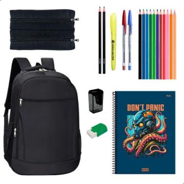 Imagem de Kit Material Escolar Mochila Caderno 10 Matérias Estojo Duplo + Itens 