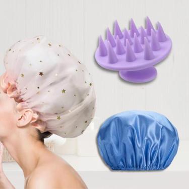 Imagem de Kit Escova Massageadora Silicone Com Touca Dupla P/ Banho e Touca Ceti
