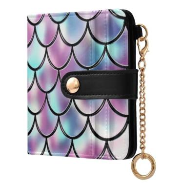 Imagem de STAYTOP Linda carteira feminina com escamas de peixe de sereia com bloqueio de RFID, de couro macio, dobrável, compacta, porta-cartões para mulheres, com zíper, bolso para moedas, janela para