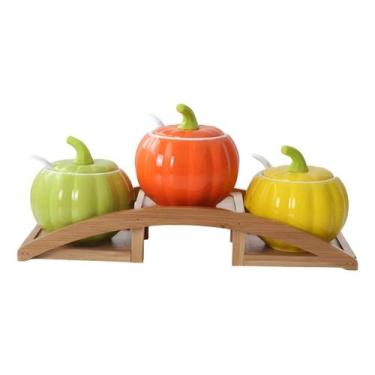 Imagem de Kit1 Tempero Condimento Porcelana Suporte Bambu Abobora 4Pçs - HM Home