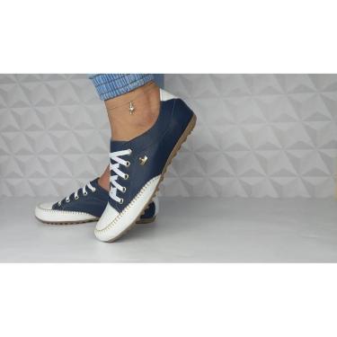 Imagem de Sapatênis Tênis Feminino Azul Marinho De Couro Cadarço Confort-Feminino