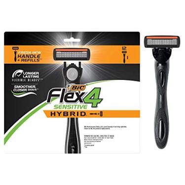 Imagem de BIC Lâmina de barbear masculina Flex 4 Sensitive Hybrid descartável de 4 lâminas, 1 alça e 12 cartuchos