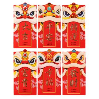 Imagem de 6 envelopes vermelhos de ano novo chinês 2022 pacote de dinheiro da sorte tigre zodíaco leão dança Hong Bao Lai Ver presente Dinheiro Fu Xi Lunar Spring Festival aniversário chá de bebê formatura casamento
