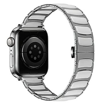 Imagem de MaKTech Cerâmica Pulseira,Fina Cerâmica Incrustada em Aço Inoxidável Pulseira de Elo,para Apple Watch 10/9/Ultra 2/SE/8/7[2024] (46mm/45mm/44/49mm,Prata/Branca)