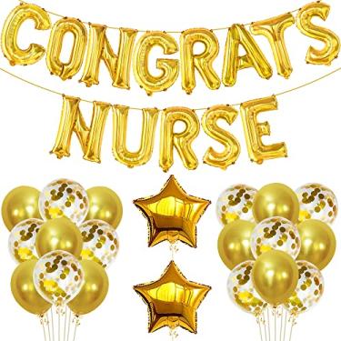 Imagem de Congrats Nurse Balloons Gold, 40,64 cm – Banner de enfermeira, confete | Artigos para festa de formatura de enfermagem | Balões de enfermeira para decorações de festas temáticas de enfermeira | Decorações de formatura 2022