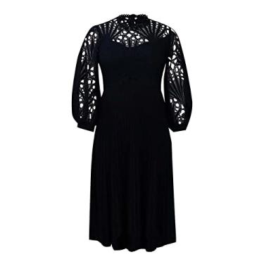 Imagem de Vestidos de convidados de casamento femininos vestidos de praia de renda de verão oco plissado vestido longo de coquetel vestido longo plus size vestido solto, preto, M