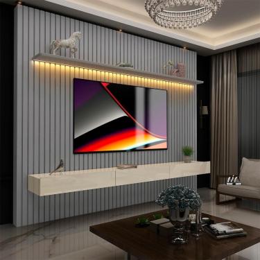 Imagem de Painel Com Led E Nicho 3 Gavetas 85 Polegadas Cinza Off White Nobre Gelius