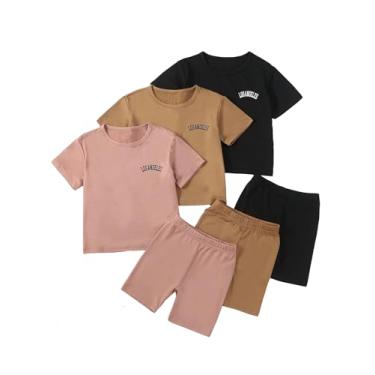 Imagem de SOLY HUX Conjunto de 6 peças de camiseta e shorts de manga curta com estampa de letras, 6 peças, preto, marrom, rosa, 5Y