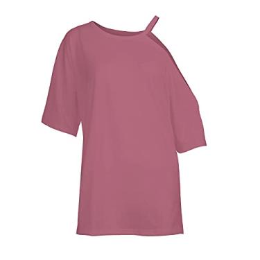 Imagem de Blusas femininas com ombros de fora para sair, plus size, de manga curta, blusas elegantes de algodão de verão, camisas recortadas, túnica de festa, rosa, GG