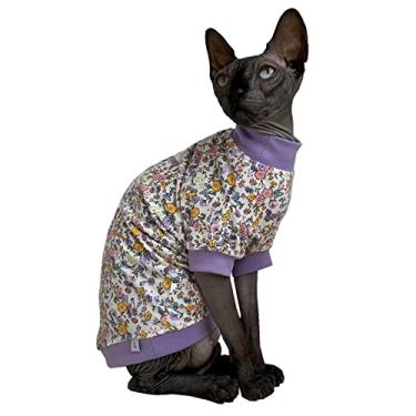 Imagem de Sphynx Camisetas de algodão de verão fofo gato sem pelos roupas para animais de estimação, camisas de gatinho de gola redonda vestuário para gatos (flor do campo, grande (pacote com 1))