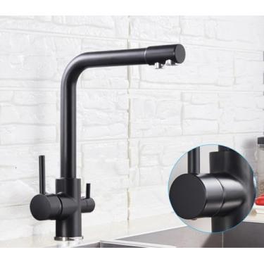 Imagem de Filtro de níquel escovado torneira da cozinha água potável torneira da cozinha deck montado alças duplas misturador de água fria de 3 vias, preto fosco