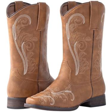 Imagem de J's.o.l.e Botas femininas caubói cano médio botas caubói bordado floral bico quadrado botas ocidentais, Bronzeado, 38