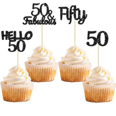 Imagem de Gyufise 24 peças de enfeites de cupcake de 50º aniversário com glitter preto 50 & decorações de bolo fabulosas Hello 50 Fifty Cupcake Picks 50º Aniversário Decoração de Bolo Suprimentos