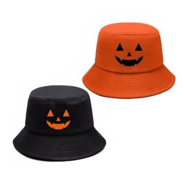 Imagem de HOMEGYMFREE 2 peças de chapéus de balde unissex para Halloween, bordados, rosto de abóbora, chapéu de pescador, ajustável, engraçado, chapéus de festa, mulheres e homens