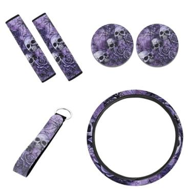 Imagem de FKELYI Capa de volante de carro rosa crânio para mulheres roxo antiderrapante protetor de volante, cinto de segurança, suporte de chaveiro automático, porta-copos absorventes