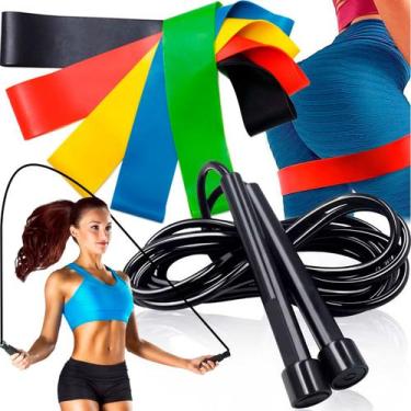 Imagem de Kit Ginástica Corda De Pular Funcional + 5 Faixas Elástica Mini Band T