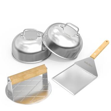 Imagem de only fire Kit de acessórios para grelha, cúpula de derretimento de queijo e kit de prensa de hambúrguer, tampa de regar de 15 cm com esmagador de hambúrguer e espátula de grelha para churrasco ao ar livre, grelhar teppanyaki e cozinhar a vapor