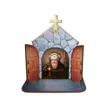 Imagem de Mini Capela Oratório Display Enfeite de Mesa São Bento 12cm Mdf Madeir