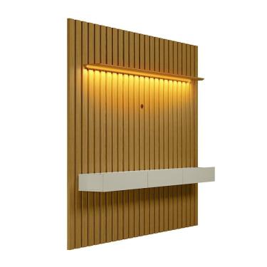 Imagem de Painel Ripado com Rack Suspenso até 70 Polegadas Tulum com LED 1 PT 2 GV Cedro e Off White Alt 218 Larg 222 cm