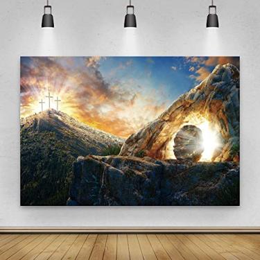 Imagem de Laeacco Pano de fundo vazio de pedra tumba crucifixo crucifixo para fotos de Páscoa, 3 x 2,4 m, ressurreição de Jesus, ele ressuscitou, luz sagrada, igreja, dia da Páscoa, retratos cristãos de