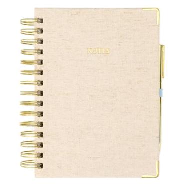 Imagem de ELYN Diário espiral forrado, caderno de capa dura de linho com caneta de gel dourada combinando, 252 páginas, 20,3 cm x 12,7 cm - papel premium 100 GSM, caderno espiral para casa, escritório, notas e