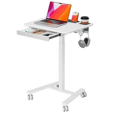 Imagem de JYLH JOYSEEKER Mesa móvel pequena de pé com gaveta, carrinho de laptop com rodinhas de 59,9 x 50 cm, altura ajustável, estação de trabalho para computador com armazenamento para espaço compacto
