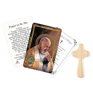 Imagem de Cartão de São Padre Pio - Feito na Itália Cartão Sagrado de São Padre Pio, cruz pequena de bolso de madeira, a oração do Senhor - conjunto de tema de cura do santo padroeiro do alívio do estresse