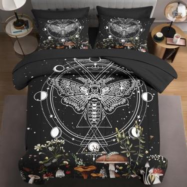 Imagem de WeCozy Conjunto de edredom King Size 7 peças com 2 fronhas e 2 fronhas, cama de mariposa e lua morta para crianças e adultos, cama vintage de flores silvestres de cogumelo em uma bolsa com lençol de
