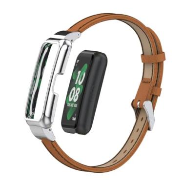 Imagem de T-BLUER Pulseiras de substituição de couro compatíveis com Huawei Band 10/9/8/7, acessórios de couro com moldura de metal para Huawei Band 7/8/9/10 marrom