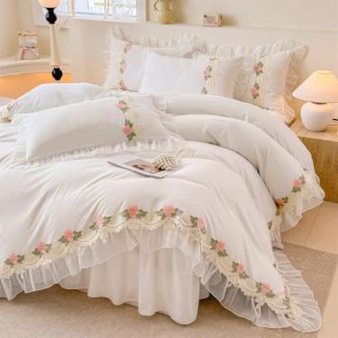 Imagem de MOOWOO Jogo de cama com babados de renda floral - Sweet Girl Chiffon Ruffles Conjunto de capa de edredom - 3 peças (1 capa de edredom completa 203 x 232 cm, 2 fronhas) Roupa de cama estética para