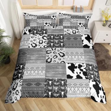 Imagem de Jogo de cama queen com patchwork, caubói, ferraduras, fazenda, xadrez, para crianças e adultos, estampa de vaca leiteira, de madeira, boho, asteca, macio para dormitório, zíper, gravatas