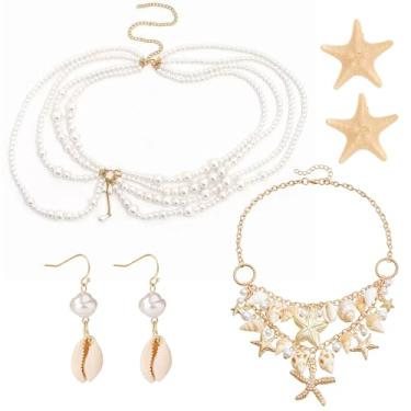 Imagem de JeVenis Fantasia de sereia acessórios de praia joias colar de estrela do mar grampo de cabelo para mulheres conchas do mar pérola verão presentes de praia para mulheres, strass de resina